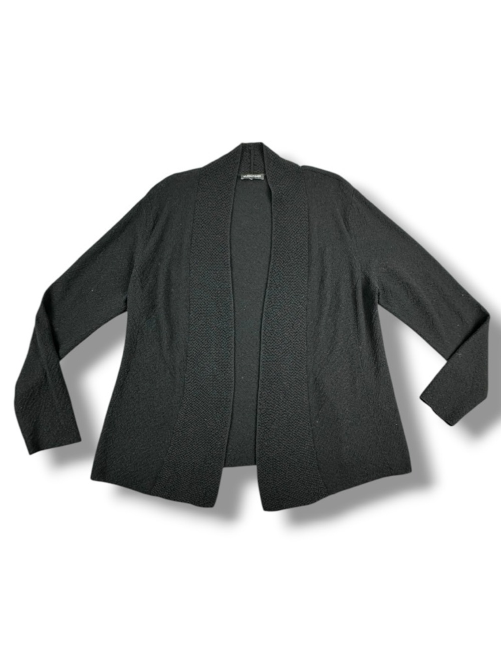 Eileen Fisher 100% Wool Open Front Cardigan – Black Minimalist Layering Piece